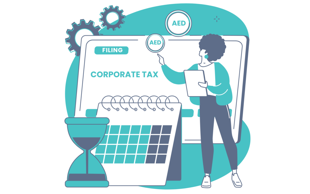 llustration of a professional reviewing corporate tax filing deadlines with calendar, documents for ADS Auditors corporate tax filing services in the UAE