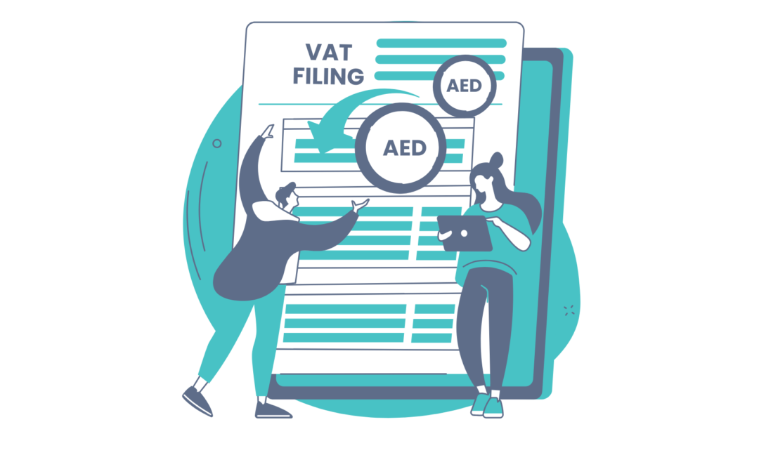 Illustration of VAT filing process in the UAE with AED currency symbols, showing professionals reviewing documents - ADS Auditors VAT filing services.